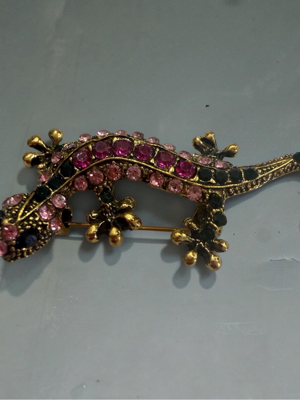 Gold-tone Gecko Brooch with Pink and Black Crystals